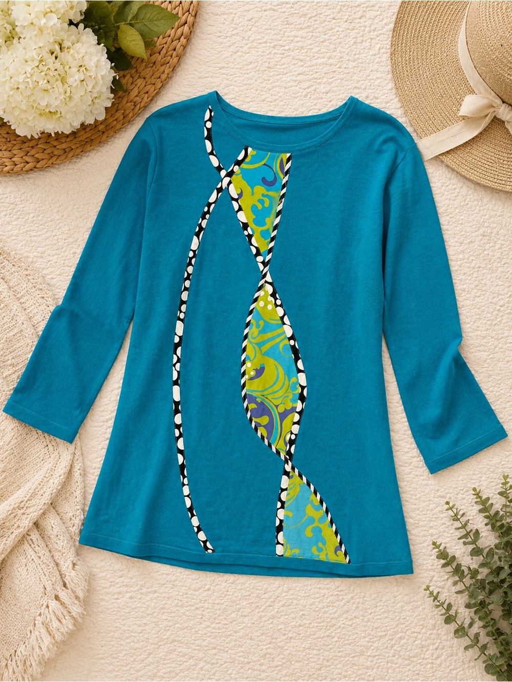 Women's Teal 3/4 Sleeve Decorative Inlay Tunic Top